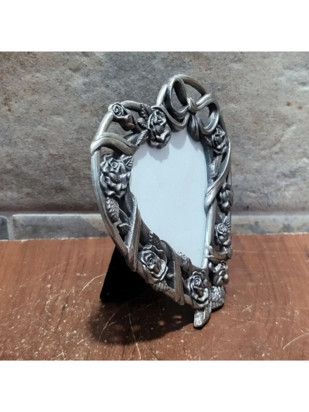 Vintage Pewter Metal Heart Shaped Picture Photo Frame